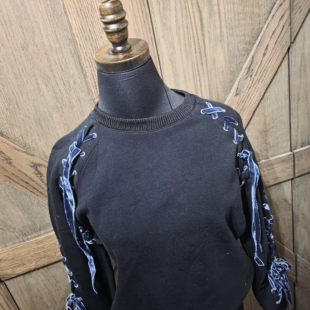 Maje Black Sweatshirt with Navy Lace-Up Ribbon Sleeves - Picture 3 of 5